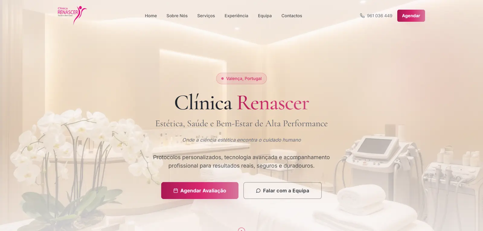 Landing page da Clínica Renascer, estética e bem-estar: hero com localização "Valença, Portugal" e botões Agendar Avaliação e Falar com a Equipa.