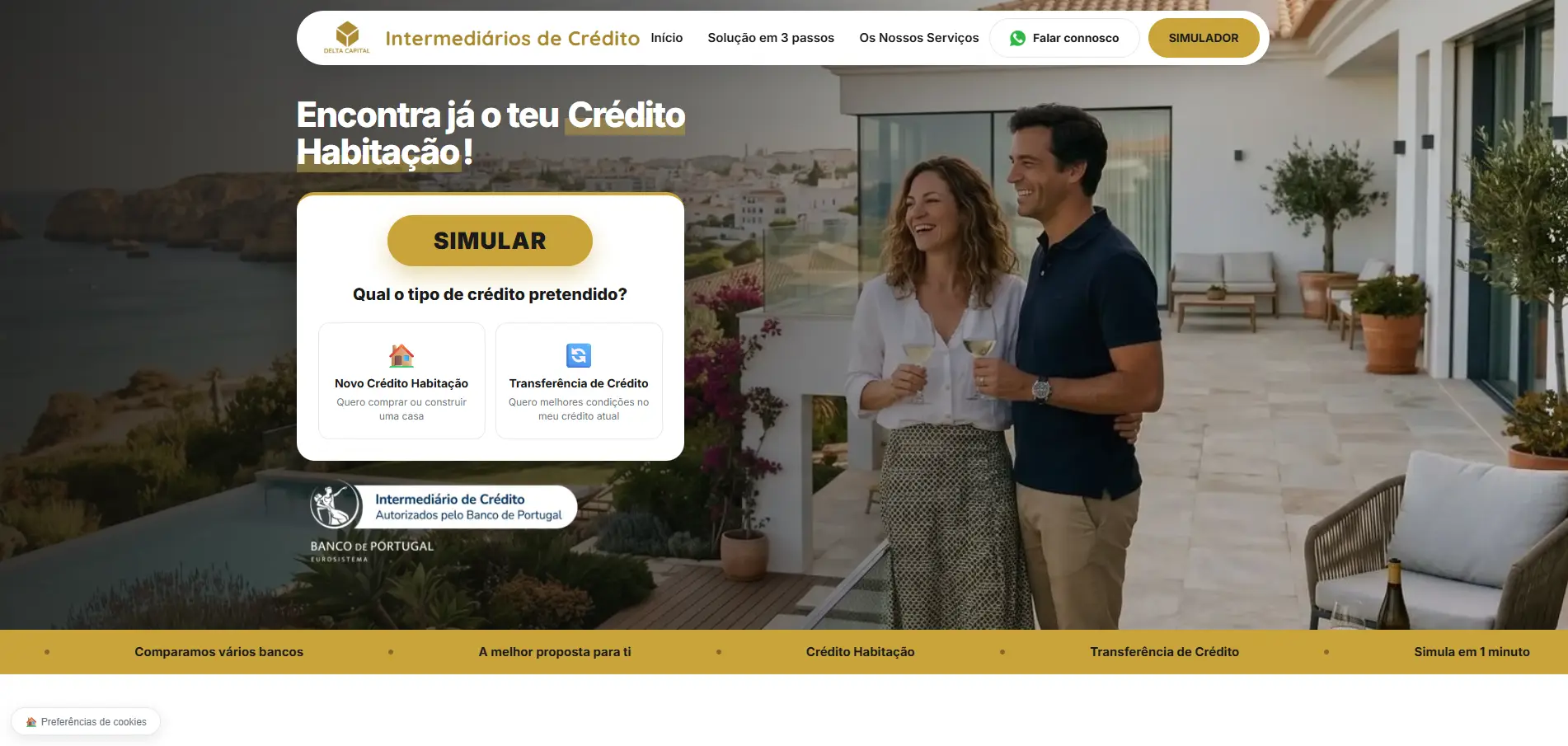 Landing page da Delta Capital com simulador de crédito e botão de WhatsApp no menu.