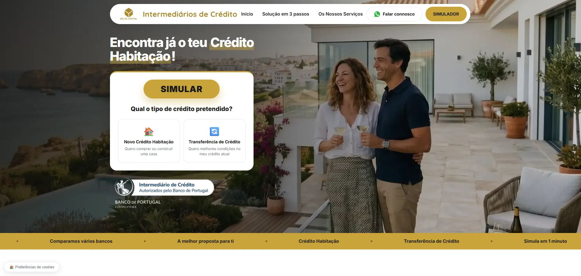 Landing page da Delta Capital, intermediário de crédito: simulador de crédito habitação, botão "Falar connosco" por WhatsApp e selo do Banco de Portugal.