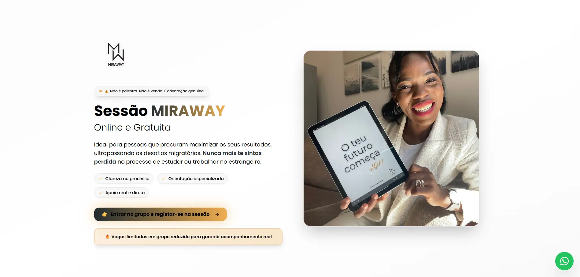 Página de captação da Mira Way com botão de registo e WhatsApp flutuante no canto inferior direito.