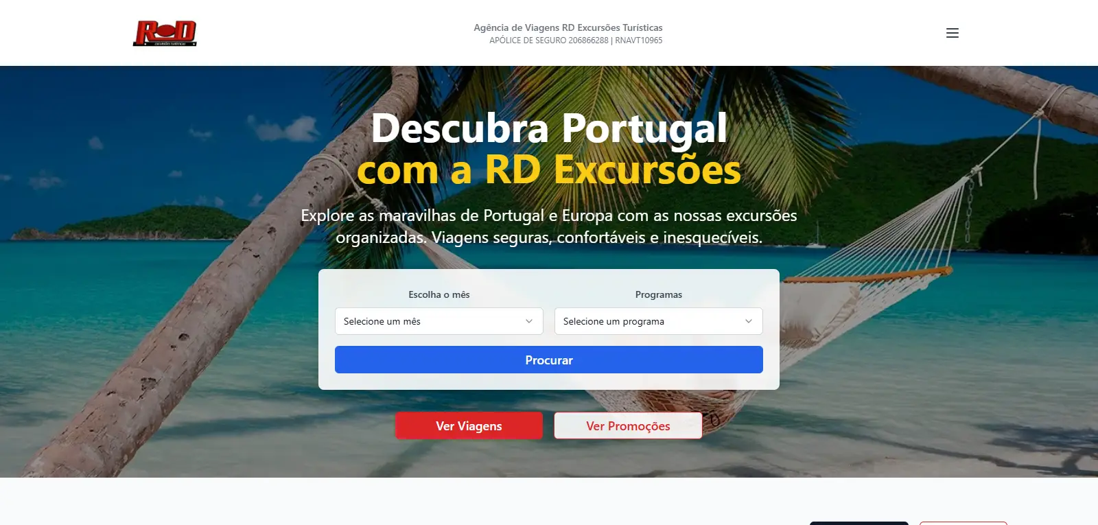 Landing page da RD Excursões, agência de viagens: hero "Descubra Portugal com a RD Excursões", filtro de mês/programa e catálogo de próximas viagens.